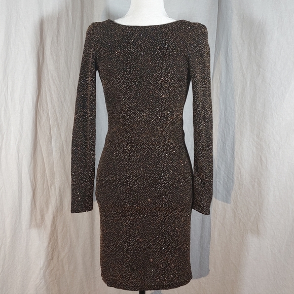 H&M black w/ gold sparkles long-sleeved surplice bodycon mini dress, S, EUC - Picture 5 of 6